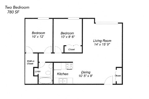 Floor plan for 2 beds, 1 bath, 810 sqft